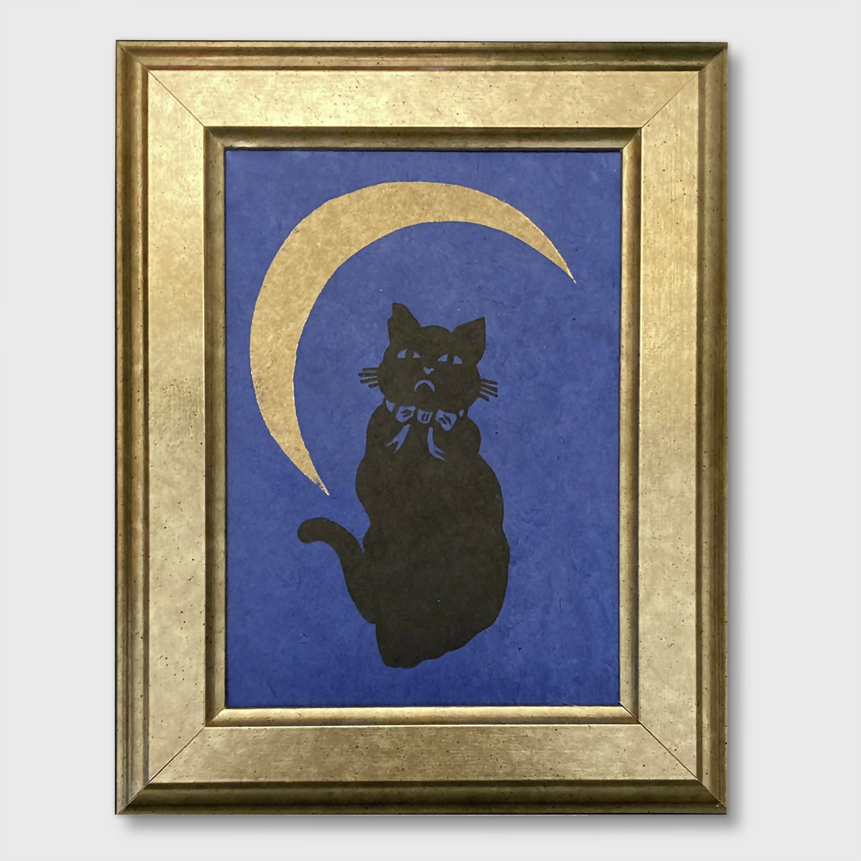 Linogravure le chat boudeur au clair de lune (papier Lokta bleu) | EMPREINTES Paris | EMPREINTES Paris