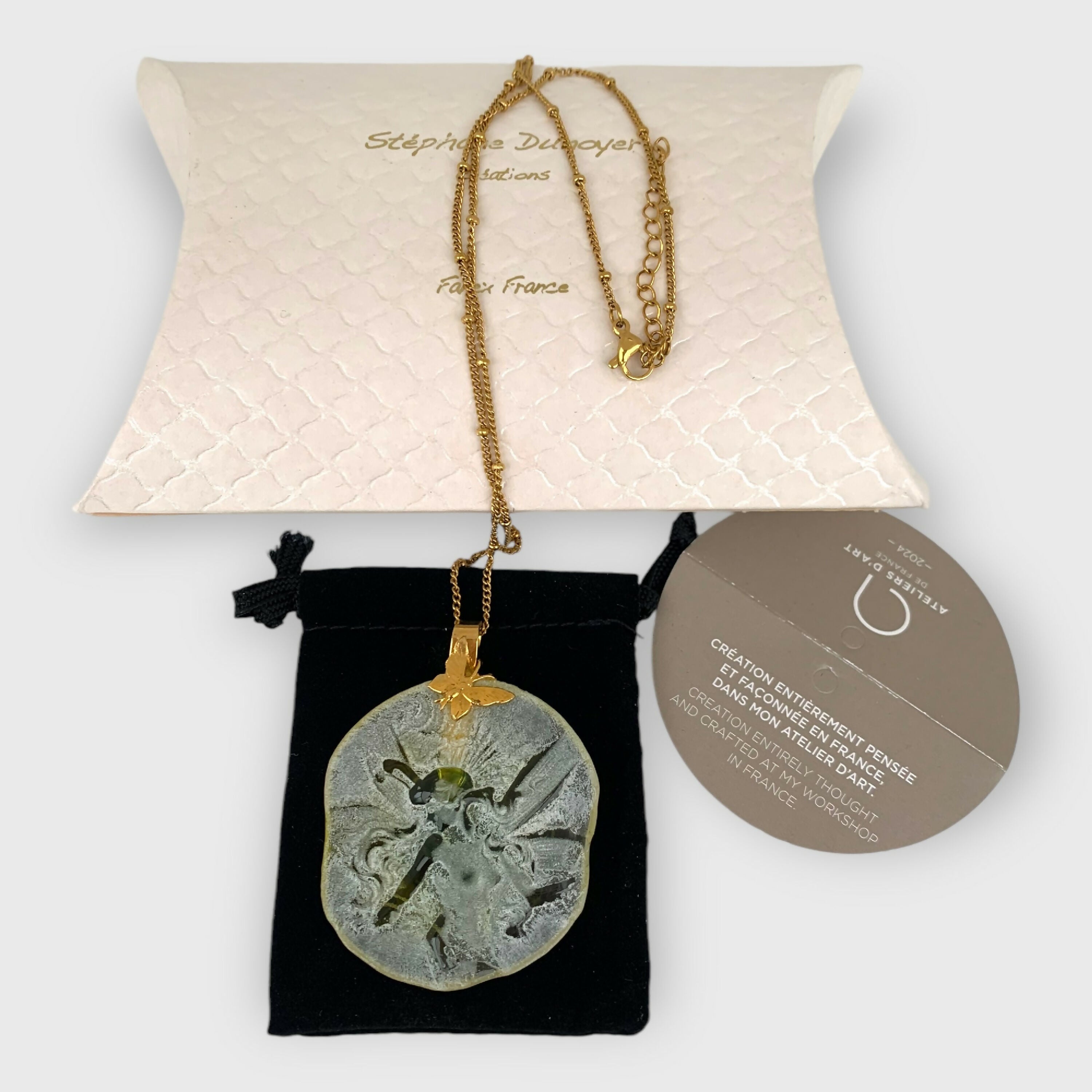 fee, onirique, collier unique feminin, romantique, cristal jaune vert, iris, collier bleu, floral, jacinthe, fleur, printanier, collier pour femme, idee cadeau pour elle, saint Valentin, piece unique, bijoux cristal, pate de verre | EMPREINTES Paris