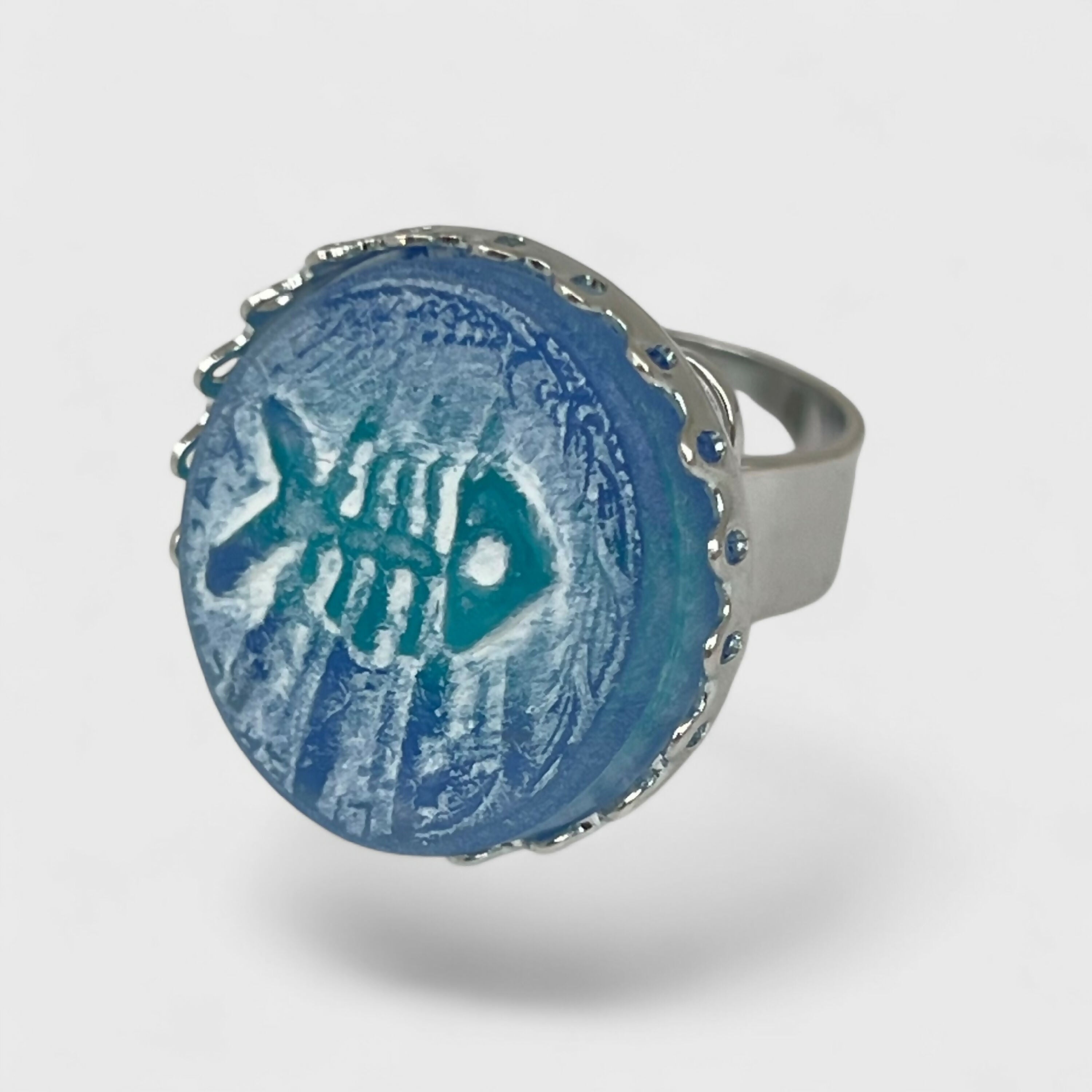Bague réglable bleu turquoise motif poisson | EMPREINTES Paris