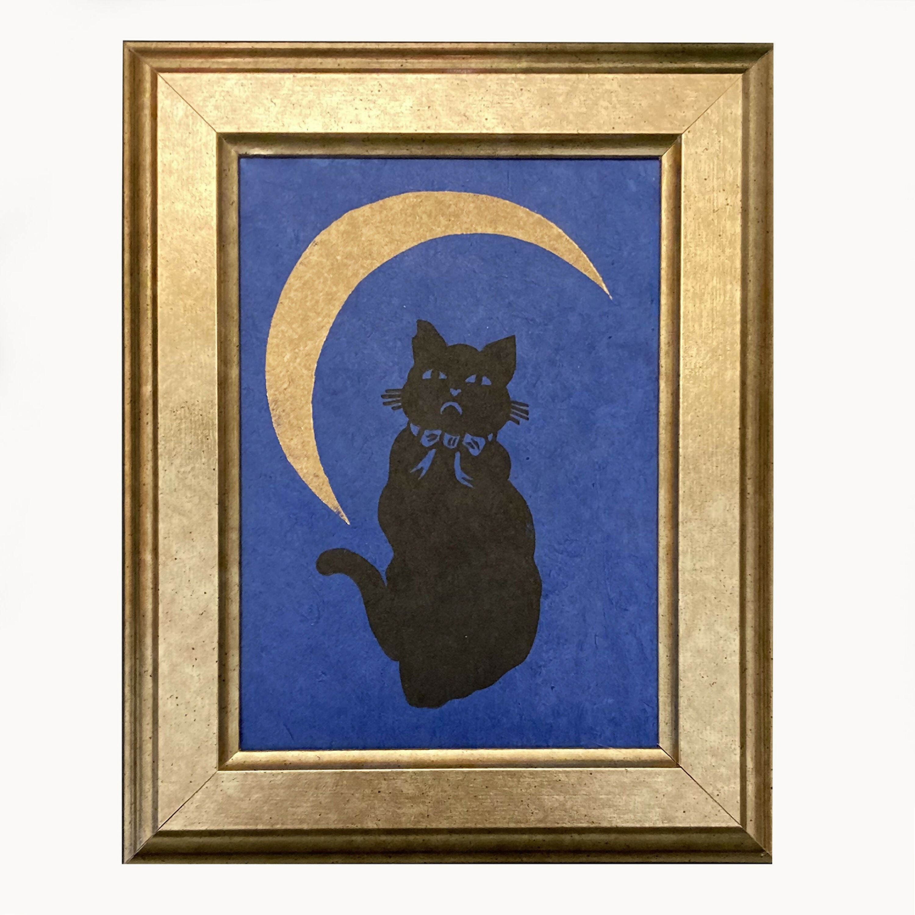 Linogravure le chat boudeur au clair de lune (papier Lokta bleu) | EMPREINTES Paris | EMPREINTES Paris