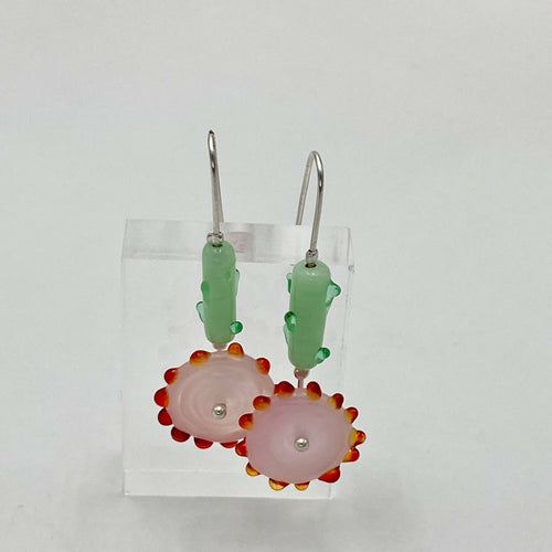 Boucles d'oreilles Tournesols rose opaline, points rouge et tiges vertes | EMPREINTES Paris - EMPREINTES Paris