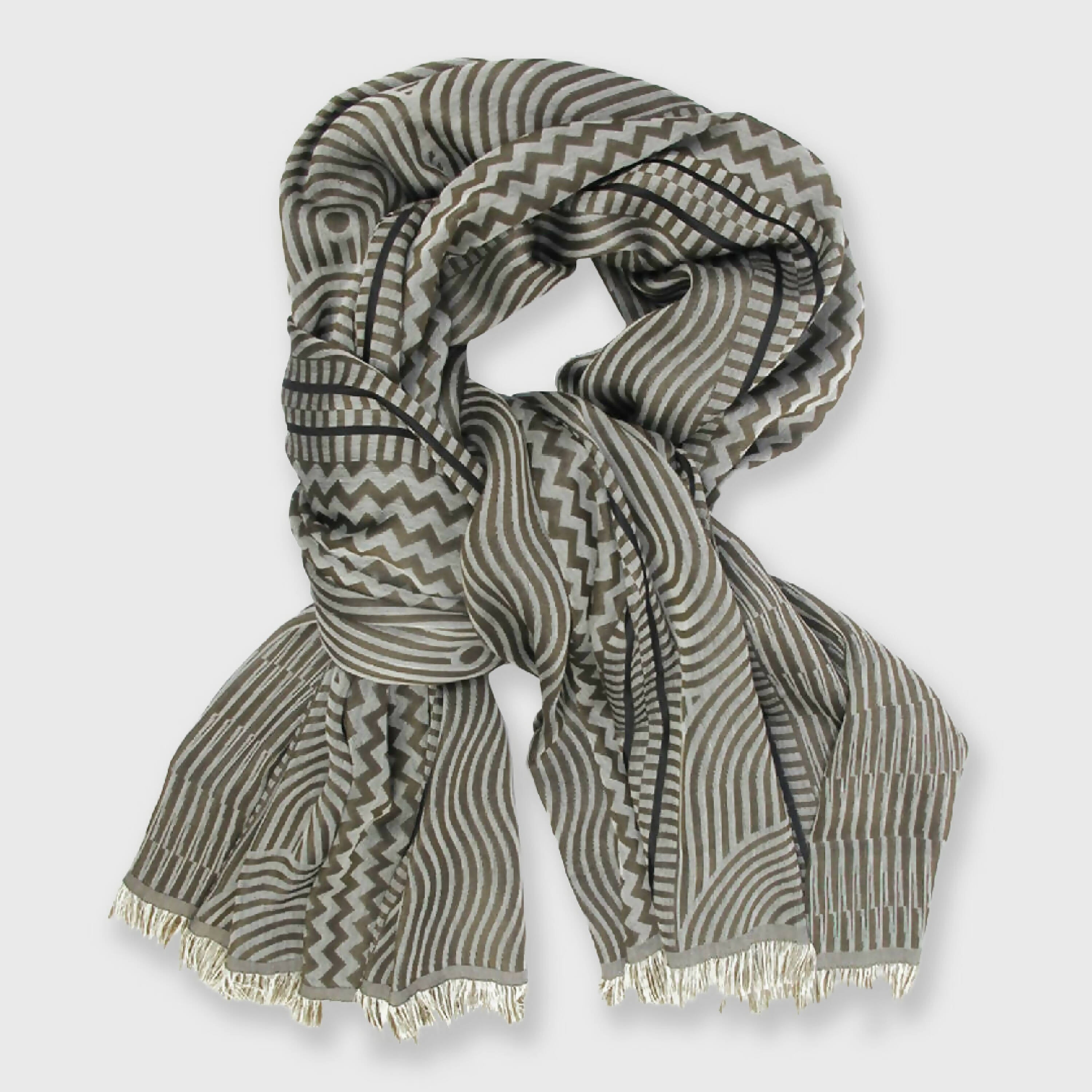 echarpe_maxi_coton_soie_marron_ecru_cinetique_sophie_guyot_soieries | EMPREINTES Paris