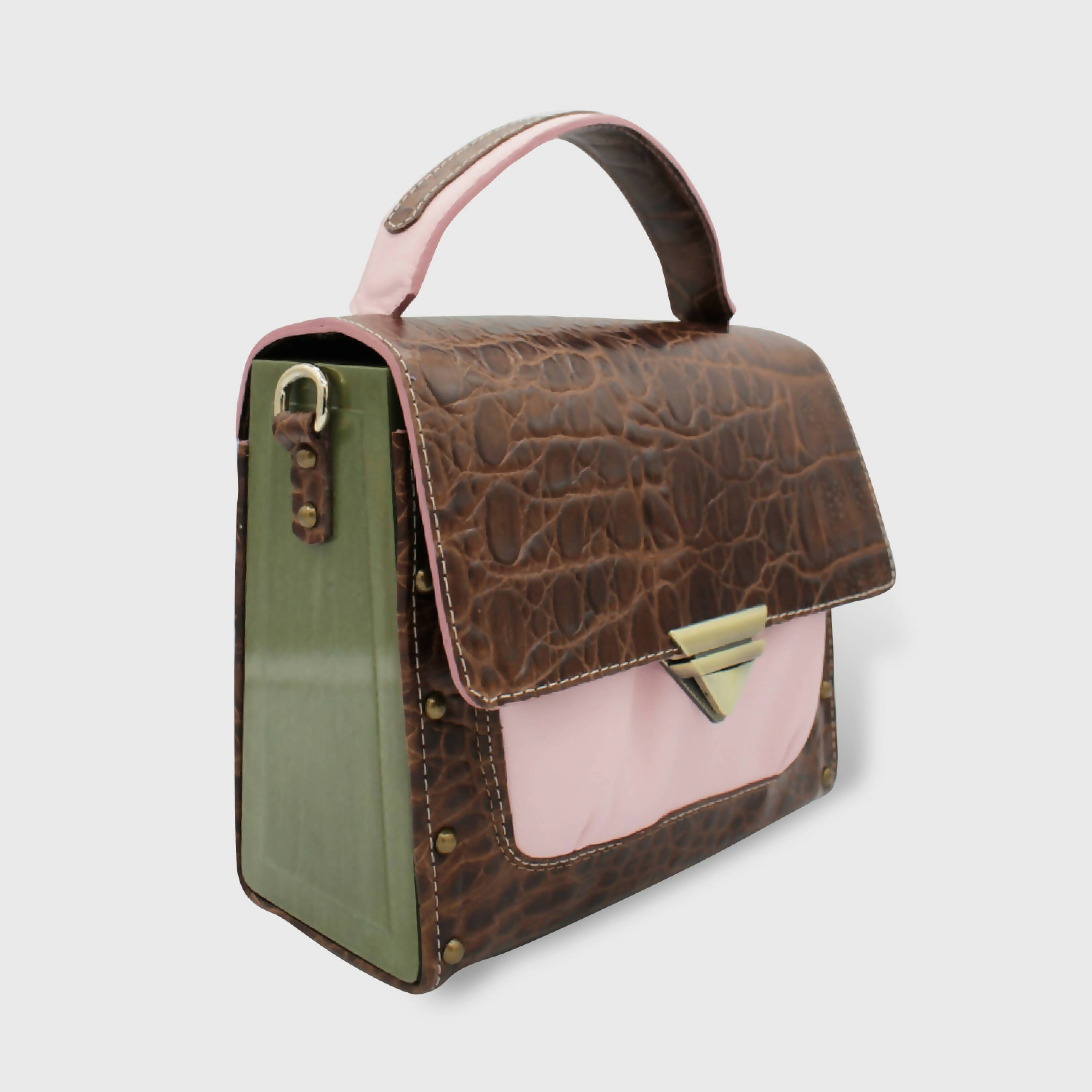 Sac à main bois et cuir couleur rose poudré et marron embossé croco -Summer Box | EMPREINTES Paris | EMPREINTES Paris