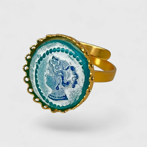 Bague réglable bleue turquoise et or motif camée femme antique | EMPREINTES Paris - EMPREINTES Paris