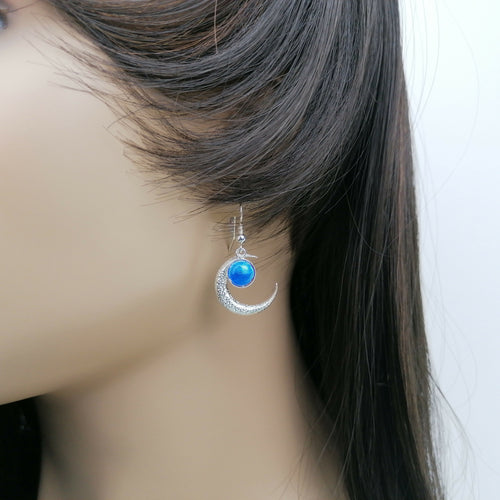 Boucles d'oreilles Lune bleue en émail sur feuille d'argent | EMPREINTES Paris - EMPREINTES Paris