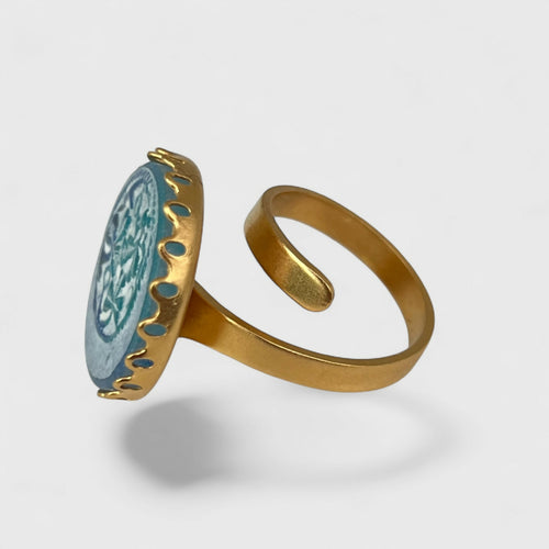 Bague réglable bleue turquoise et or motif feuillage trèfles | EMPREINTES Paris - EMPREINTES Paris