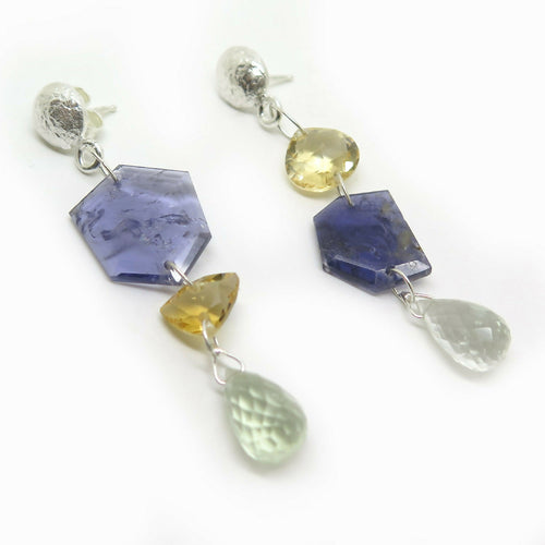 Boucles d’oreilles en argent, citrines, cordiérites et prasiolites | EMPREINTES Paris - EMPREINTES Paris