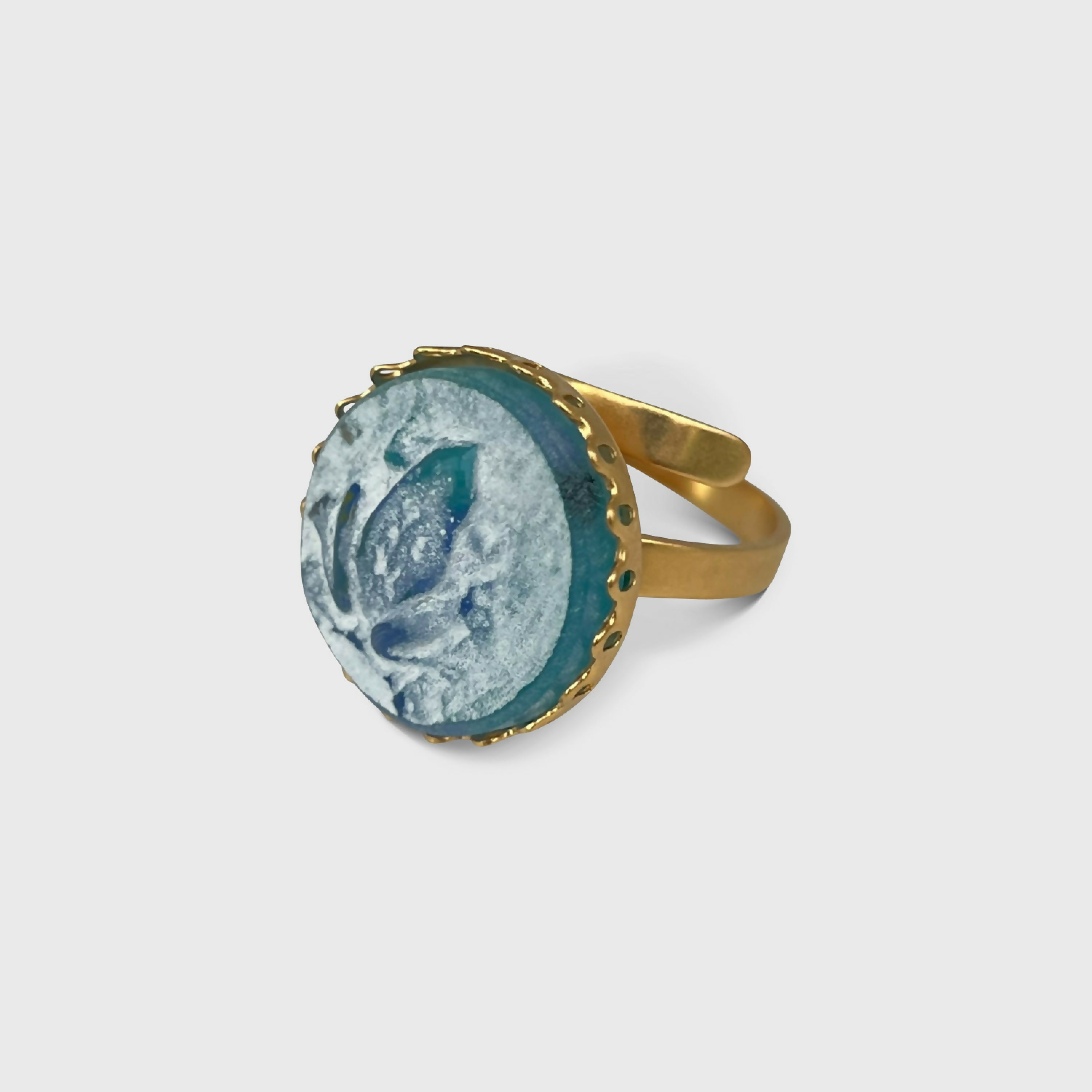 Bague réglable bleue turquoise et or motif grenouille | EMPREINTES Paris