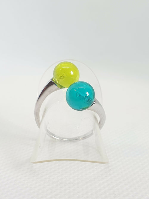 Bague argentée réglable - Double perles de verre anis et vert marin | EMPREINTES Paris - EMPREINTES Paris