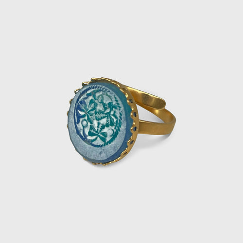 Bague réglable bleue turquoise et or motif feuillage trèfles | EMPREINTES Paris - EMPREINTES Paris