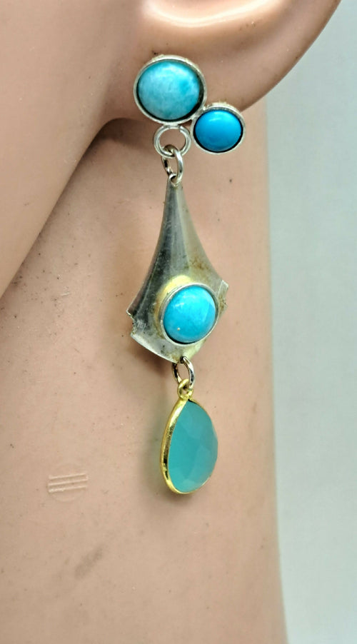 Boucles d'oreilles en argent avec turquoises et aigues-marines | EMPREINTES Paris - EMPREINTES Paris