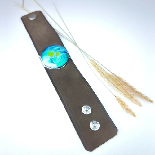 Bracelet manchette en cuir et émaux cloisonnés sur argent - Bleus | EMPREINTES Paris - EMPREINTES Paris