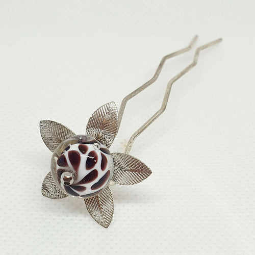 Pic à chignon fleur argenté perle Murano zébras noirs et blancs | EMPREINTES Paris - EMPREINTES Paris