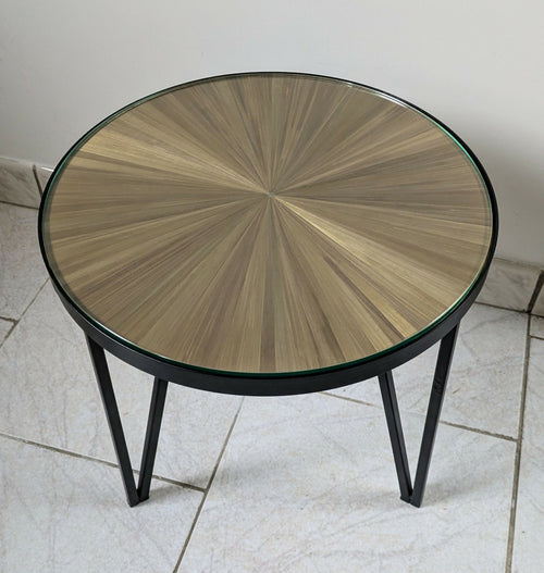 Table d'appoint pieds métal et plateaux avec marqueterie de Paille dorée | EMPREINTES Paris - EMPREINTES Paris