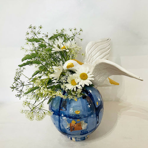 Vase boule bleu à l'Oiseau Blanc et Or | EMPREINTES Paris - EMPREINTES Paris