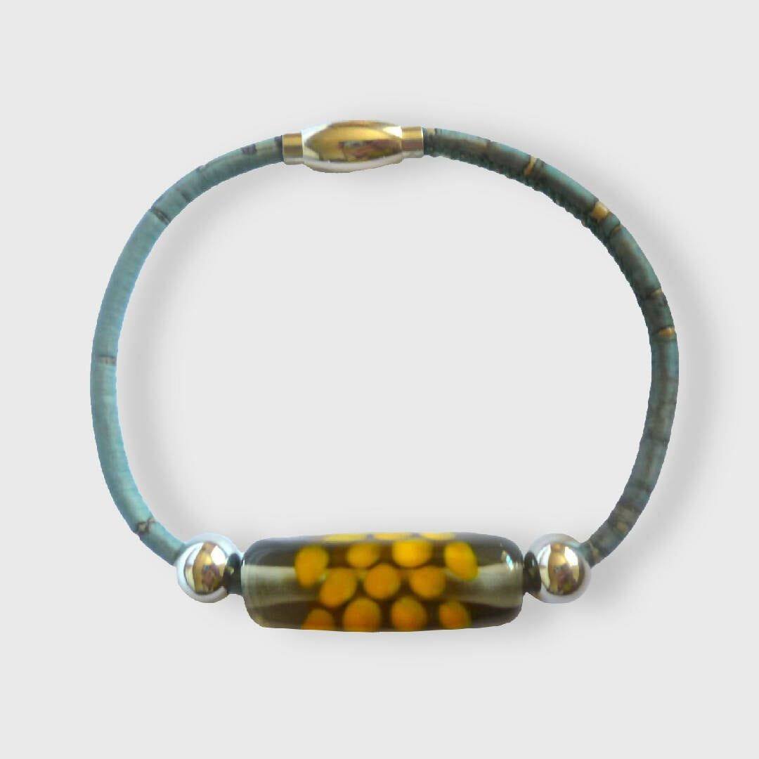 Bracelet Liège bleu et Perle à pois jaunes | EMPREINTES Paris