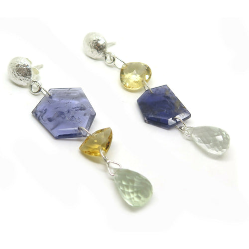 Boucles d’oreilles en argent, citrines, cordiérites et prasiolites | EMPREINTES Paris - EMPREINTES Paris