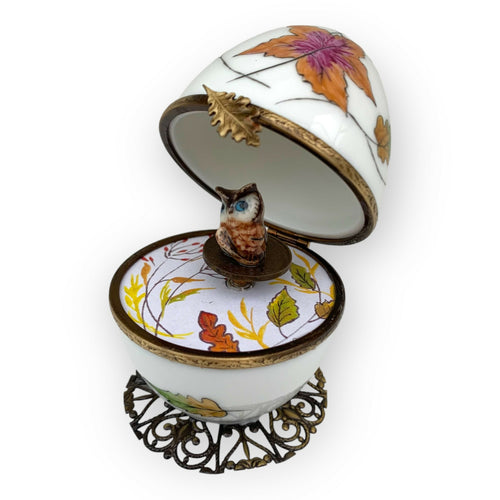 chouette_hibou_owl_automne_marron_foret_fleur_floral_cadeau-decoration_paques_automate_oeuf-style-faberge_pastel_cadeau-naissance_bebe_fete-des-meres_noce-porcelaine_limoges_enfantin_romantique_original_oeuf-collection_boite-a-musique_oeuf-musical_fanex-france | EMPREINTES Paris - EMPREINTES Paris