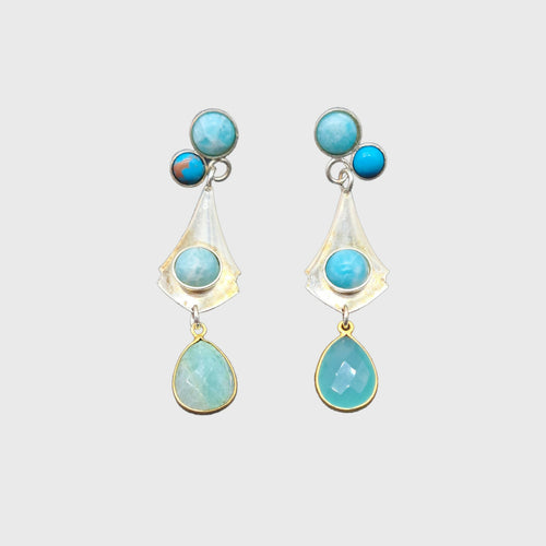 Boucles d'oreilles en argent avec turquoises et aigues-marines | EMPREINTES Paris - EMPREINTES Paris