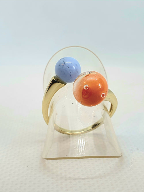 Bague réglable dorée - Duo de perles de verre bleu opalescent et corail | EMPREINTES Paris - EMPREINTES Paris