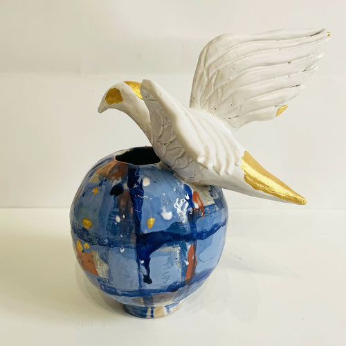 Vase boule bleu à l'Oiseau Blanc et Or | EMPREINTES Paris - EMPREINTES Paris