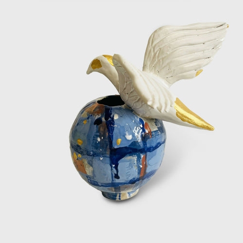 Vase boule bleu à l'Oiseau Blanc et Or | EMPREINTES Paris - EMPREINTES Paris