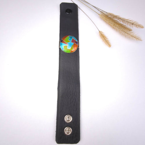 Bracelet manchette en cuir et émaux cloisonnés sur argent - multicolore | EMPREINTES Paris - EMPREINTES Paris