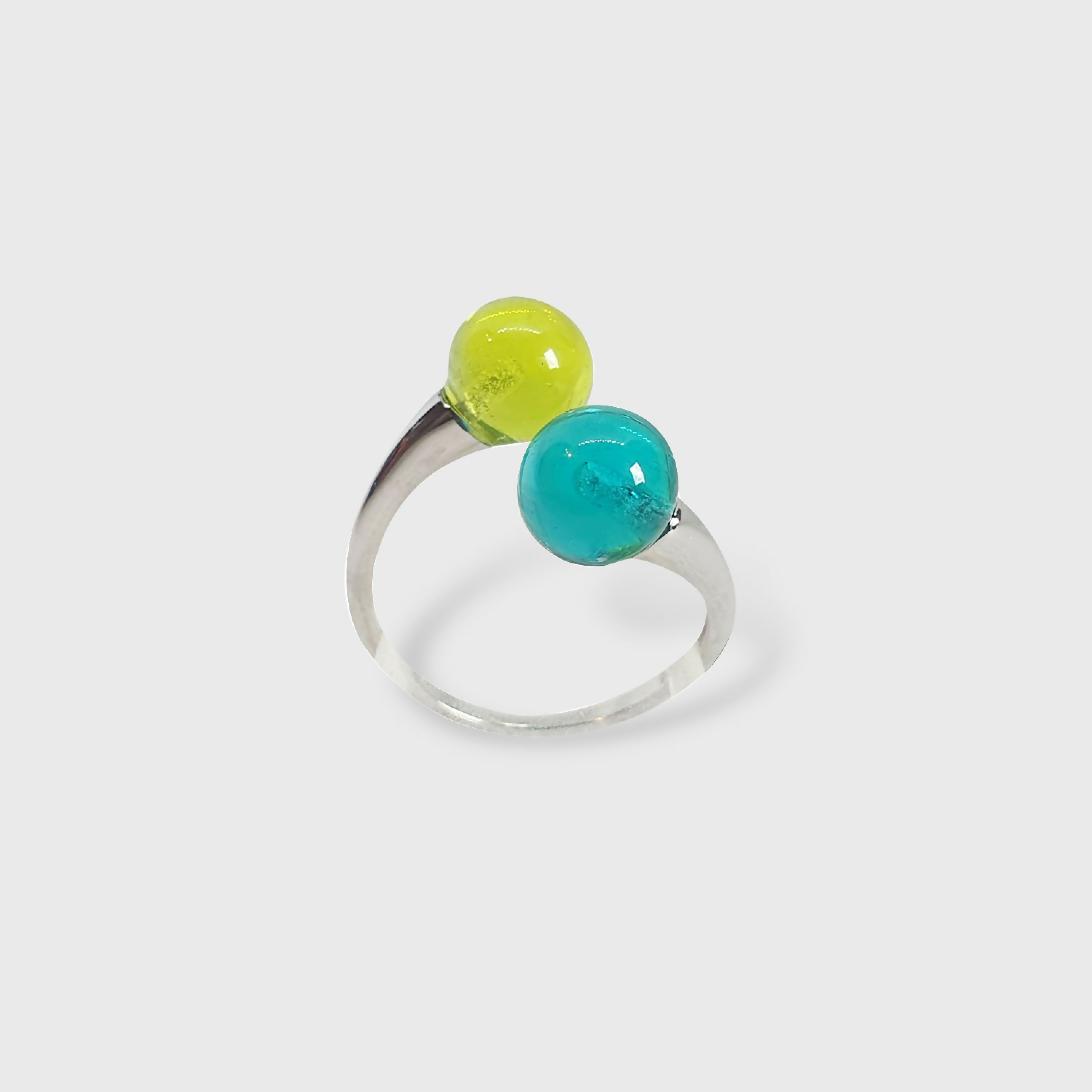 Bague argentée réglable - Double perles de verre anis et vert marin | EMPREINTES Paris