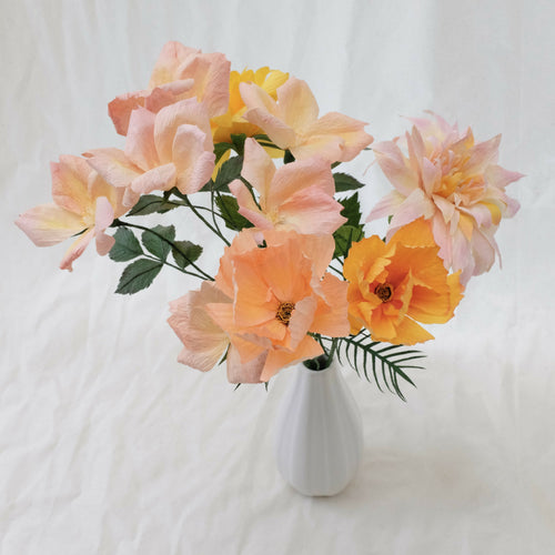 Bouquet de fleurs en papier tons roses & jaunes : deux dahlias, deux cosmos, roses sauvages | EMPREINTES Paris - EMPREINTES Paris