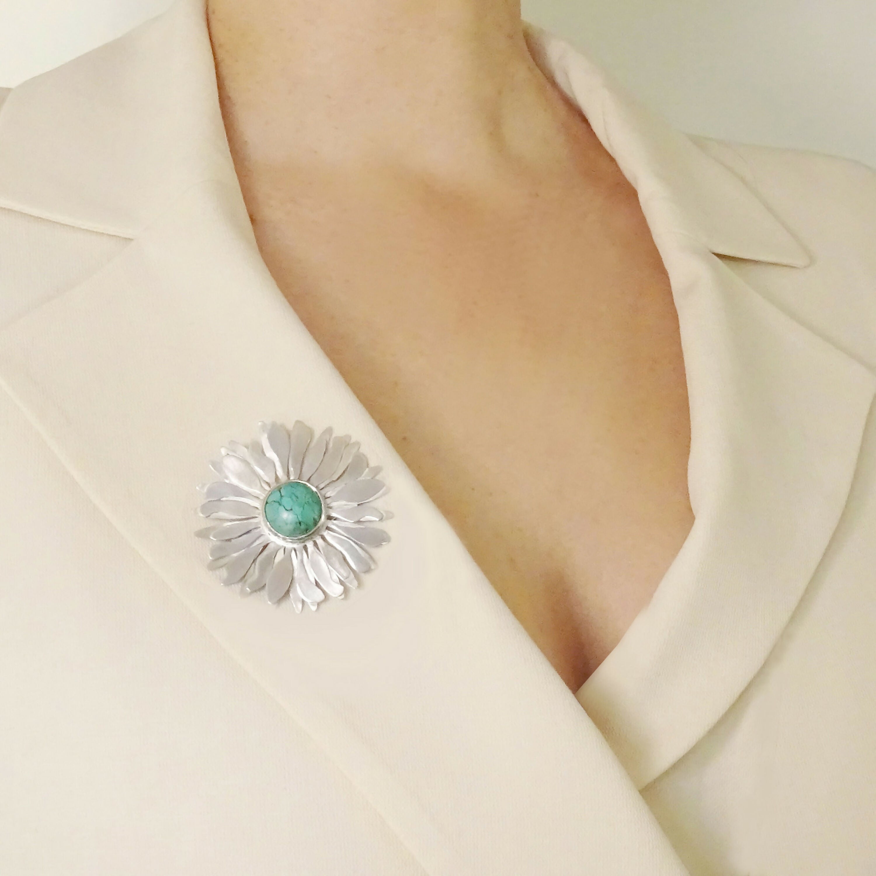 Broche argent Gerbera avec turquoise | EMPREINTES Paris