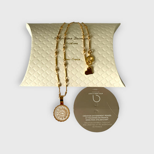 oeil, chance, vertue, bijou symbolique, ethnique, romantique, chic bohème, amoureux, collier pour femme, art déco, art nouveau, idées cadeaux pour elle, saint Valentin, piece unique, bijoux doré, tour de cou, pate de verre, cristal | EMPREINTES Paris - EMPREINTES Paris