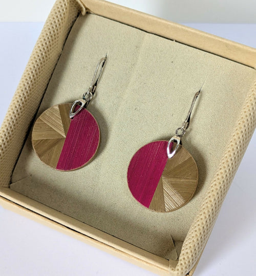 Boucles d'oreilles Rondes avec marqueterie de paille Bordeaux et Dorée - crochets argent 925 | EMPREINTES Paris - EMPREINTES Paris