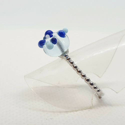 Bague anneau argenté réglable - Perle de verre cristal Granulés Bleus | EMPREINTES Paris - EMPREINTES Paris