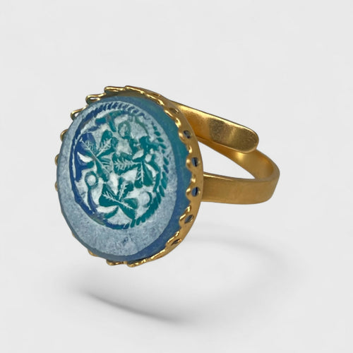 Bague réglable bleue turquoise et or motif feuillage trèfles | EMPREINTES Paris - EMPREINTES Paris