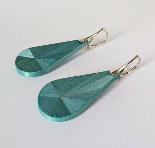 Boucles d'oreilles Gouttes avec marqueterie de paille Turquoise - crochets argent | EMPREINTES Paris - EMPREINTES Paris