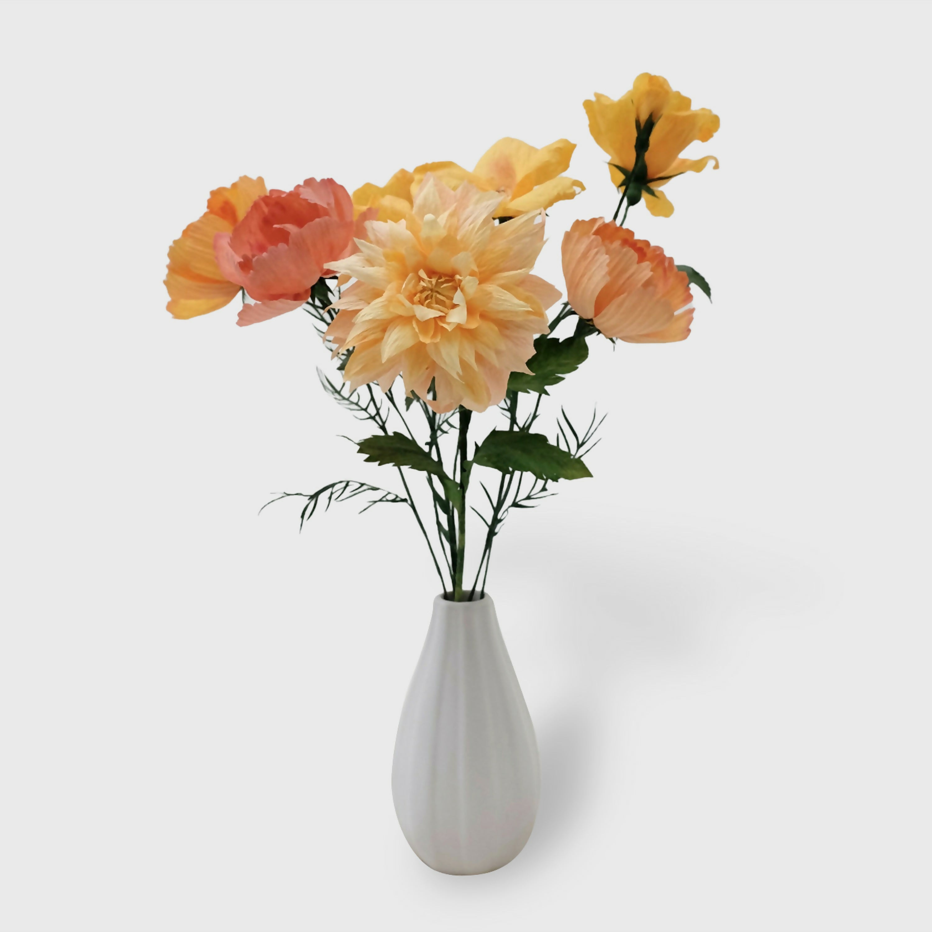 Bouquet de fleurs en papier tons chauds : roses sauvages, dahlia, trois cosmos | EMPREINTES Paris