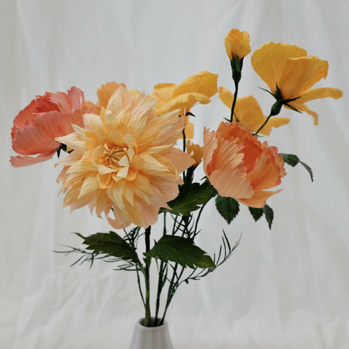 Bouquet de fleurs en papier tons chauds : roses sauvages, dahlia, trois cosmos | EMPREINTES Paris - EMPREINTES Paris