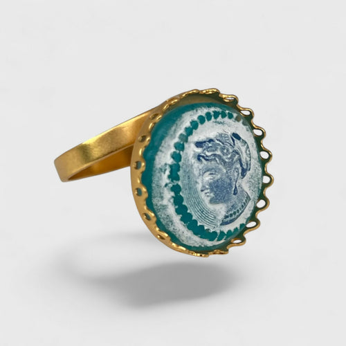 Bague réglable bleue turquoise et or motif camée femme antique | EMPREINTES Paris - EMPREINTES Paris