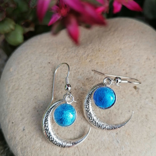 Boucles d'oreilles Lune bleue en émail sur feuille d'argent | EMPREINTES Paris - EMPREINTES Paris