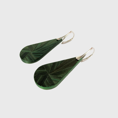Boucles d'oreilles Gouttes avec marqueterie de paille Verte - crochets argent | EMPREINTES Paris - EMPREINTES Paris