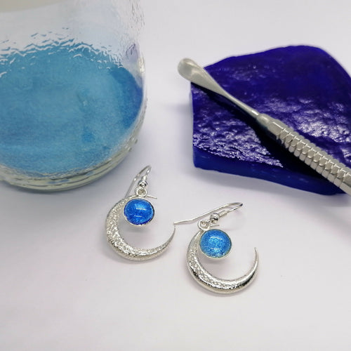 Boucles d'oreilles Lune bleue en émail sur feuille d'argent | EMPREINTES Paris - EMPREINTES Paris