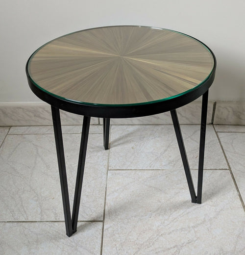 Table d'appoint pieds métal et plateaux avec marqueterie de Paille dorée | EMPREINTES Paris - EMPREINTES Paris