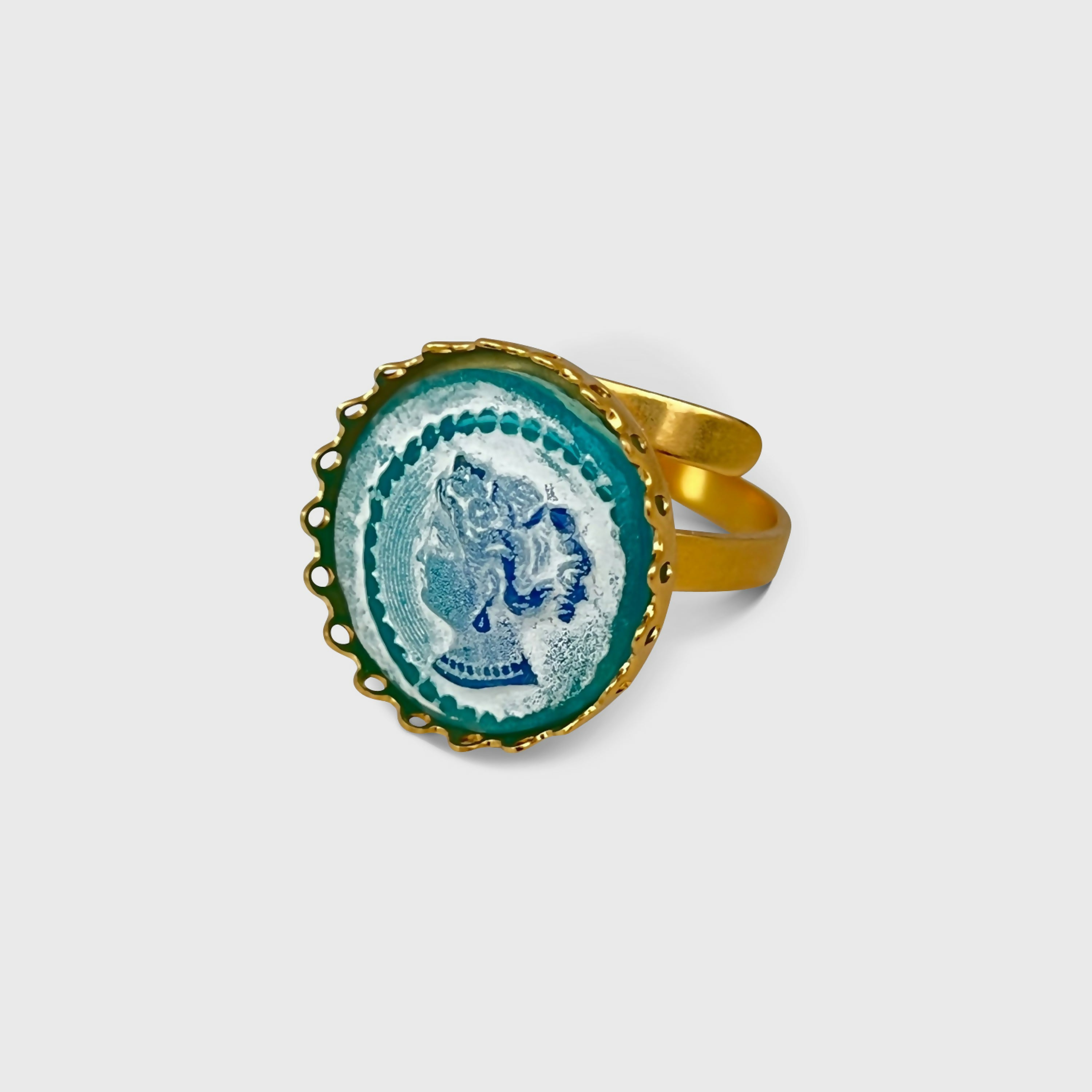 Bague réglable bleue turquoise et or motif camée femme antique | EMPREINTES Paris