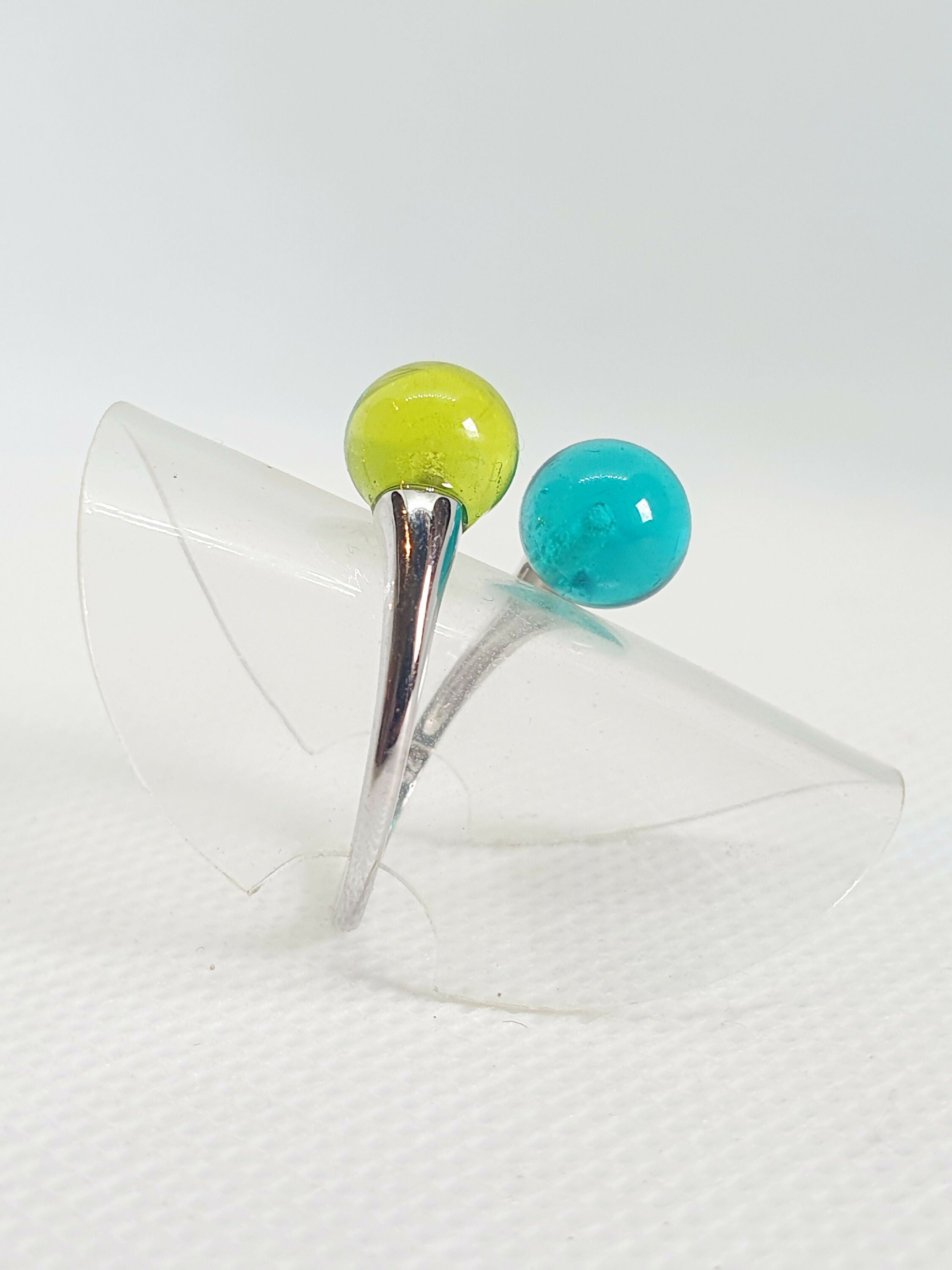 Bague argentée réglable - Double perles de verre anis et vert marin | EMPREINTES Paris