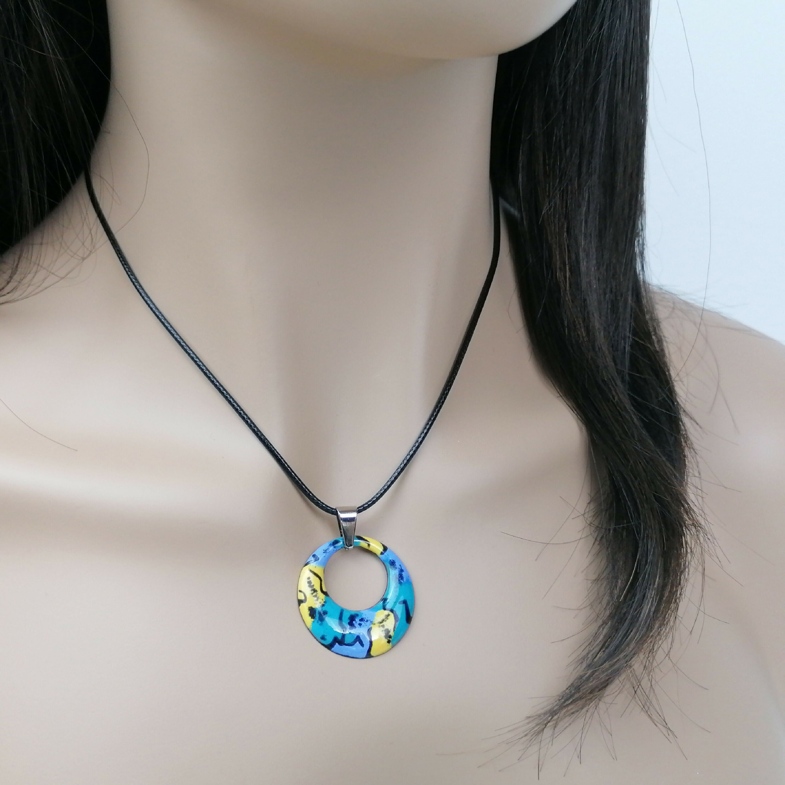 Pendentif Couleurs de Feux en émail sur cuivre bleu et jaune | EMPREINTES Paris
