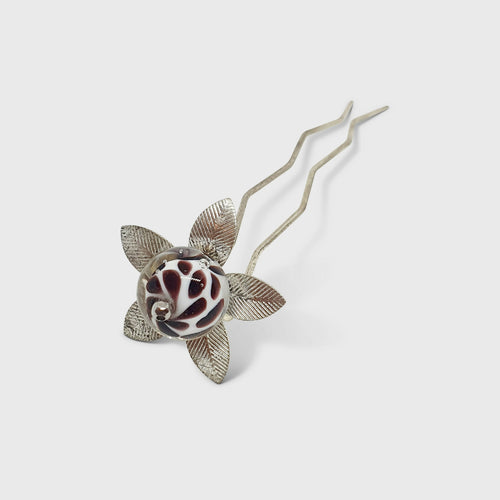 Pic à chignon fleur argenté perle Murano zébras noirs et blancs | EMPREINTES Paris - EMPREINTES Paris