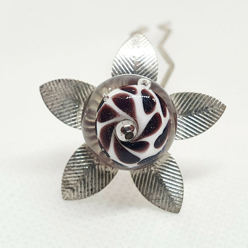 Pic à chignon fleur argenté perle Murano zébras noirs et blancs | EMPREINTES Paris - EMPREINTES Paris