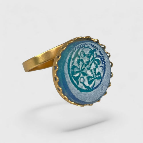Bague réglable bleue turquoise et or motif feuillage trèfles | EMPREINTES Paris - EMPREINTES Paris