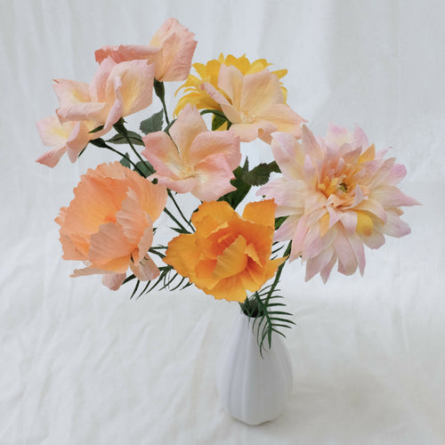 Bouquet de fleurs en papier tons roses & jaunes : deux dahlias, deux cosmos, roses sauvages | EMPREINTES Paris - EMPREINTES Paris