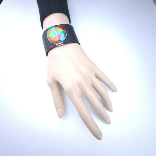 Bracelet manchette en cuir et émaux cloisonnés sur argent - multicolore | EMPREINTES Paris - EMPREINTES Paris